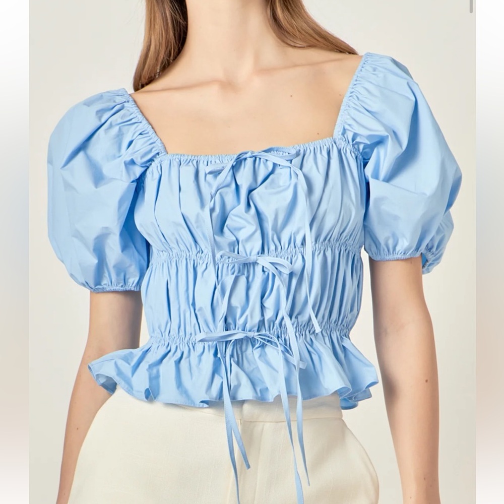 English Factory Tie Detail Shirring blue top puff sleeves blue size small